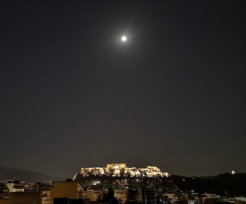 Night sky with moon and Parthenon
